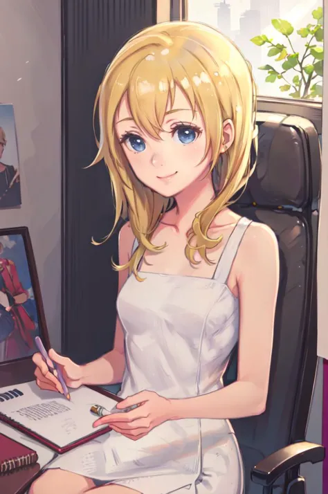 sitting, smile, holding pencil,   <lora:namine_v1:0.7> aanamine, blonde hair, bare shoulders, white dress, <lora:kuroboshi_kouhaku_style_v01:1>, absurdres, ultra detailed, masterpiece, best quality, aesthetic, detailed,