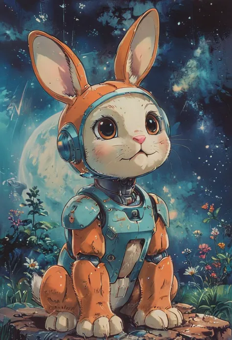 illustration of a cute cartoon character, a clever robot bunny ,  space on the background,  (((masterpiece))), (best quality),  ...