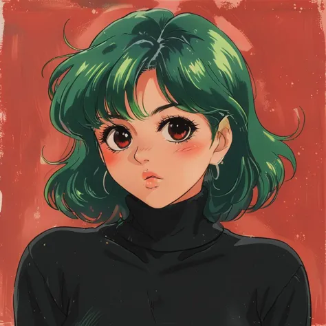 a drawing of a woman with green hair and a black turtle neck