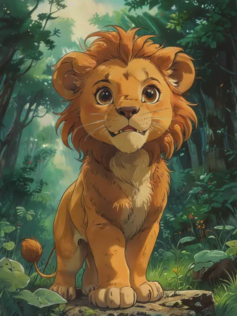 a cute cartoon character, a brave lion, exploring a magical forest, dynamic pose, ((masterpiece)), (best quality), detailed ,   ...