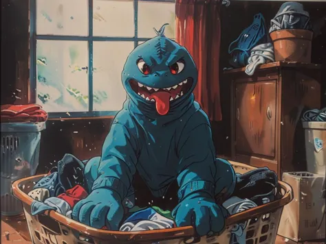 there is a painting of a blue monster sitting in a basket