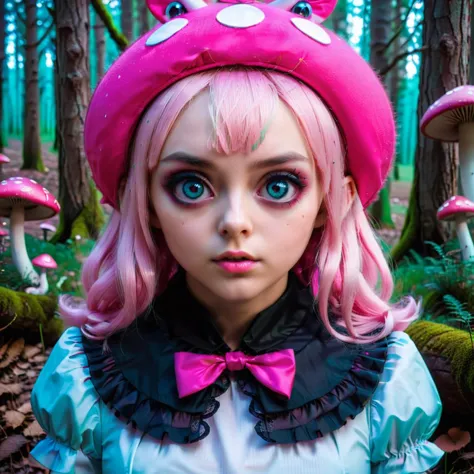 vestida como alice na floresta, no estilo ciano escuro e rosa, Núcleo de Cogumelo, anime dinâmico, turquesa claro e marrom escuro, imagem uhd, água-marinha escura e vermelho, olhos grandes de porcelana, olhos de anime