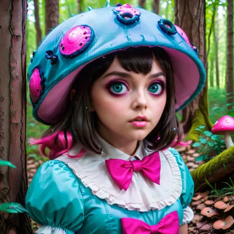 <lora:add-detail-xl:0.8>dressed as alice in the woods, in the style of dark cyan and pink, mushroomcore, dynamic anime, light tu...
