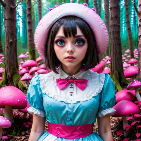 vestida como alicia en el bosque, en el estilo de cian oscuro y rosa, Núcleo de hongos, Anime dinámico, turquesa claro y marrón oscuro, imagen uhd, aguamarina oscura y rojo, ojos grandes de porcelana, anime eyes