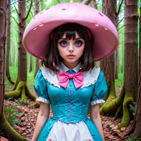 vestida como alicia en el bosque, en el estilo de cian oscuro y rosa, Núcleo de hongos, Anime dinámico, turquesa claro y marrón oscuro, imagen uhd, aguamarina oscura y rojo, ojos grandes de porcelana, anime eyes