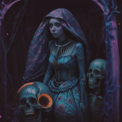 a woman in a blue dress holding a skull and a skull