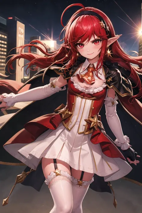 8k,wallpaper,masterpiece,BEST QUALITY,element1,out doors,cityscape,background,lens flare,cowboy shot,smile,blush,<lora:element-000014:0.7>,red hair,long hair,thighhighs,gloves,cape,hair band,skirt,garter straps,looking at viewer,white footwear,pointy ears,jewelry,earrings,ahoge,bangs,ascot,hair ornament,star \(symbol\),