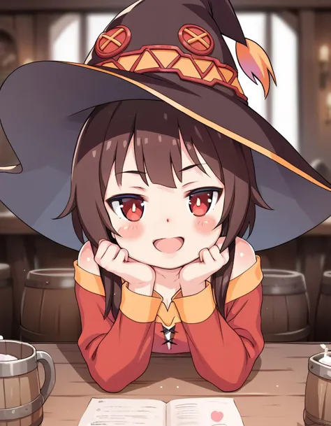 score_9, score_8_up, score_7_up,score_6_up,score_5_up,score_4_up,  1girl,  upper body, smug, sitting on table, witch hat, looking away, (megumin,:0.8), long sleeves, red dress, tavern, open mouth, blush stickers, half-closed eyes, 
 <lora:samneco_style_pony6_v2-000034:1>