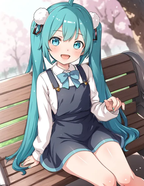 score_9, score_8_up, score_7_up,score_6_up,score_5_up,score_4_up,  1girl sitting on a park bench, dutch angle, smile, blush, looking at viewer, hatsune miku, hair ornament, shigure ui \(vtuber\), pinafore dress, long sleeves, open mouth, bowtie, pom pom hair ornament, blue dress, 
 <lora:samneco_style_pony6_v2-000034:1>