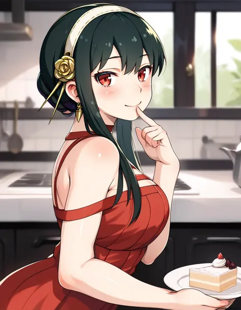 anime girl in red dress holding a plate with a piece of cake on it