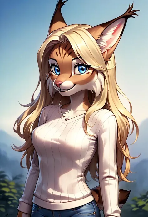 digital_media_(artwork) hi_res, score_9, score_8_up, score_7_up, score_6_up, score_5_up, score_4_up, rating_safe, beautiful, anthro, furry, female, detailed textured fur, fur tufts, fluffy, slim, slender, breasts, cute, sweater, baggy denim jeans, beautiful blue eyes, detailed eyes, smile, solo, SFW, lynx, long blonde hair, multicolored hair, streaked hair,