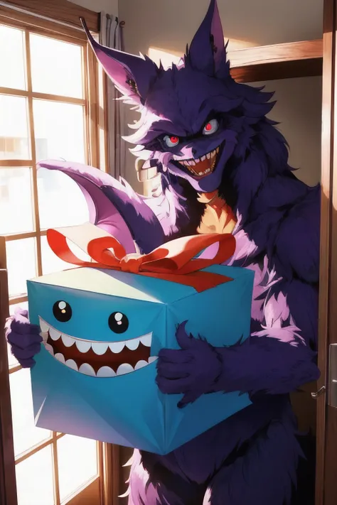 a close up of a person holding a box with a monster on it