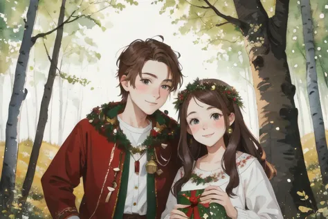 anime couple dressed in christmas attire standing in a forest