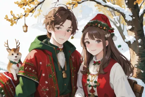 anime couple dressed in christmas attire with dog in snow covered park