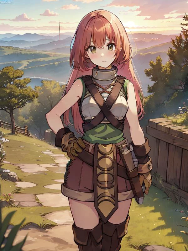 (masterpiece, top quality, best quality, official art, beautiful and aesthetic:1.2), 1 girl,
In the vibrant hues of a sunset-kissed sky, a charming 17-year-old girl with flowing turquoise locks, adorned with delicate flowers, stands atop a mossy cliff, overlooking a peaceful forest within a bustling MMO RPG game
,ragnarok_novice
