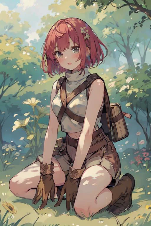 (masterpiece, top quality, best quality, official art, beautiful and aesthetic:1.2), 1 girl,
Surrounded by a field of vibrant flowers, the 17-year-old heroine crouches with her bow drawn, her ever-changing hair blending with the surroundings, as she gets ready to embark on a woodland quest filled with beauty and danger
, short pant,
