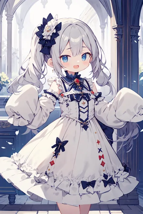 1girl, frilly dress, (sleeves past wrists, sleeves past fingers), moesode, hurray
