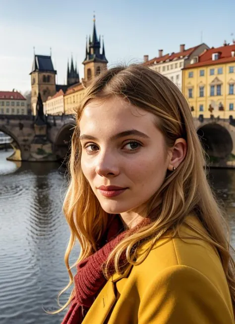 portrait of sks woman in Prague, at the Charles Bridge, by Flora Borsi, style by Flora Borsi, bold, bright colours, ((Flora Bors...