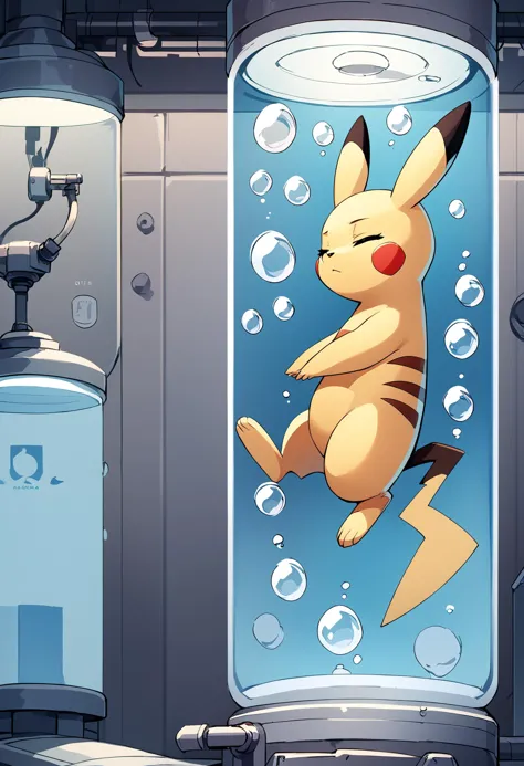 pokemon pikachu in a fish tank with bubbles in it