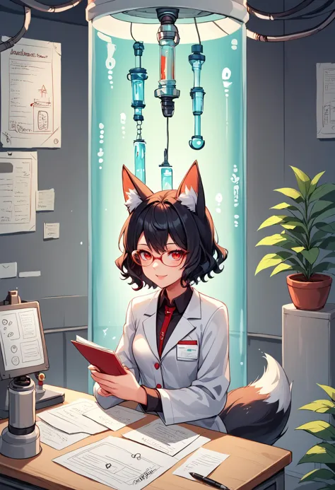 score_9, score_8_up, score_7_up,rating_safe,soft shadows,masterpiece,4k,best quality, hires, laboratory, stasis tank, plant, 1girl, fox girl, black hair, fox ears, red eyes, short hair, fox tail, wavy hair, lab coat, paper, pen, writing, sitting, desk, glasses, smile
