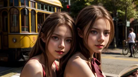 two young women standing next to each other on a street