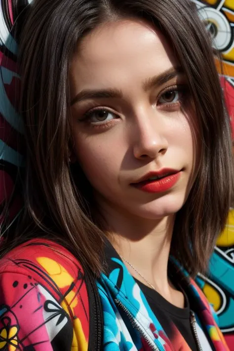 a close up of a woman with a colorful jacket on