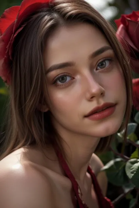 a close up of a woman with a rose in her hair