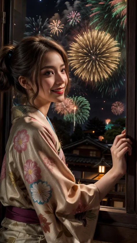 fireworks, 1girl, japanese clothes, kimono, solo, smile, black hair, night, brown eyes, floral print, sparkler, pink kimono, looking at viewer, sky, aerial fireworks, window, lips, night sky