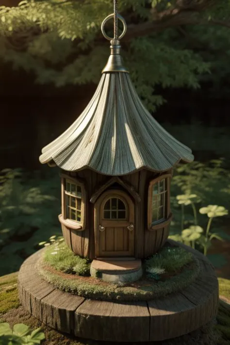 Masterpiece, art by Hiroshi Yoshida  An old lightbulb, transformed into a miniature fairy house, hanging from the branch of an e...