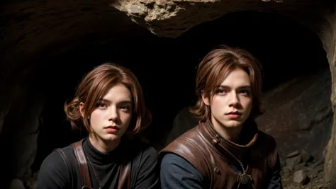 two young men in leather vests standing in a cave