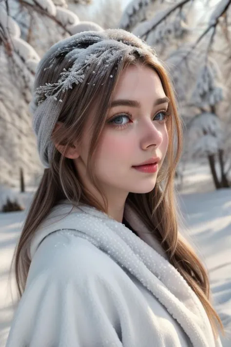 a woman wearing a white coat and a gray hat in the snow