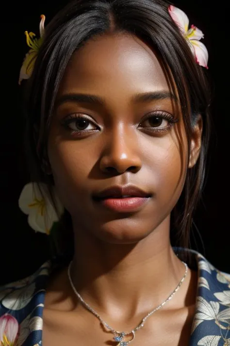 a close up of a woman with a flower in her hair