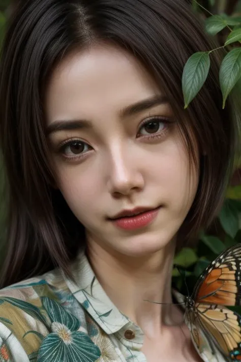 a close up of a woman with a butterfly on her shoulder