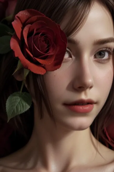 a close up of a woman with a rose in her hair