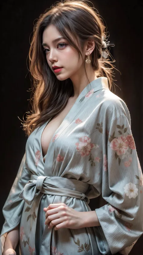 1girl, solo, jewelry, earrings, breasts, kimono, long hair, japanese clothes, floral print, sash, cleavage, looking at viewer, lips, brown hair, hand on hip, black background, simple background, long sleeves, print kimono, medium breasts, obi, blue eyes, closed mouth