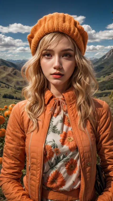 1girl, solo, hat, blonde hair, sky, outdoors, day, cloud, long hair, jacket, looking at viewer, mountain, floral print, realistic, open clothes, upper body, lips, blue sky, shirt,(((orange headwear))), open jacket, long sleeves, closed mouth, wavy hair,