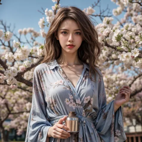 1girl, solo, brown hair, cherry blossoms, brown eyes, outdoors, holding, looking at viewer, realistic, long hair, day, blurry, branch, lips, blurry background, upper body, sky, blue sky, flower, floral print, parted lips