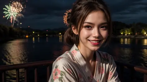 1girl, small breasts, yukata, updo, summer, downblouse, squatting, ((happy, smile, laughing, squinting)), looking at viewer, kanzashi, holding fireworks, night, dark, outside, from above, from front, face focus, upturned eyes,
masterpiece, top quality, best quality, official art, unity 8k wallpaper, highres, ultra-high res, ultra-detailed, beautiful and aesthetic, perfect detailed face, detailed eyes, highly detailed,