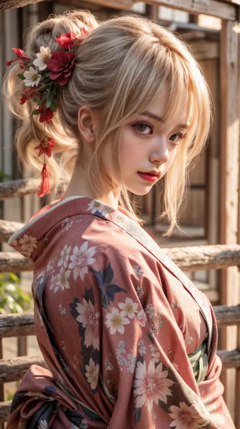 1girl, solo, japanese clothes, hair ornament, kimono, flower, looking at viewer, hair flower, floral print, blurry background, upper body, bangs, blue eyes, blush, blurry, hair bun, single hair bun, red kimono, sash, from side, light particles, sidelocks, red flower, print kimono, obi, closed mouth, lips, white flower, blonde hair, red lips, looking to the side,