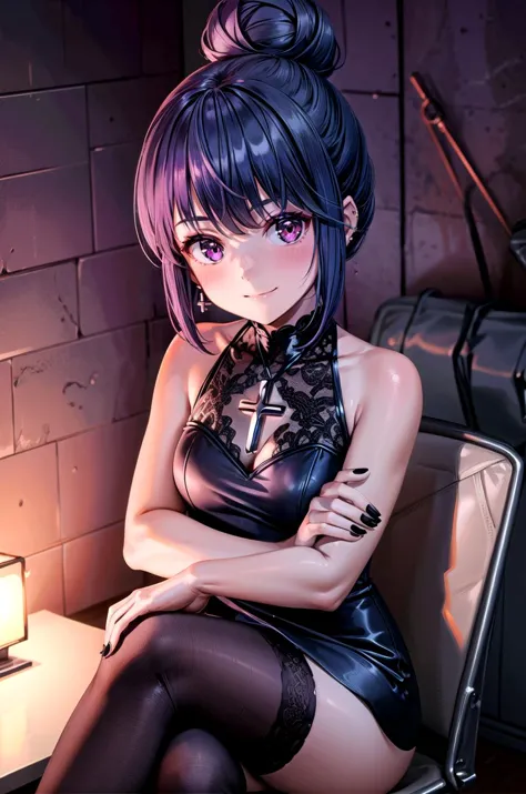 (masterpiece, best quality, detailed), 1girl, solo, looking at viewer, shima rin,hair bun, sidelocks, bangs,
gothic, black lips, latin cross, cross earrings, black nails, vampire, black collar, multiple rings, fishnets, lipstick, piercing, cross necklace, headdress, eyeshadow, makeup, lace, frilled thighhighs, black dress, shoulder cutout, <lora:pnkr2:0.5>, pnkr, indoors, pink theme, purple theme, red theme, night, pink lighting, neon lights, cinematic lighting, sitting, crossed legs, smug, smile, closed mouth