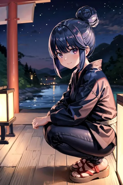 (masterpiece, best quality, detailed), 1girl, solo, looking at viewer, shima rin,hair bun, sidelocks, bangs,
<lora:Dougi2:1>, dougi, outdoors, night, torii, shrine, east asian architecture, squatting, from side, smile, closed mouth