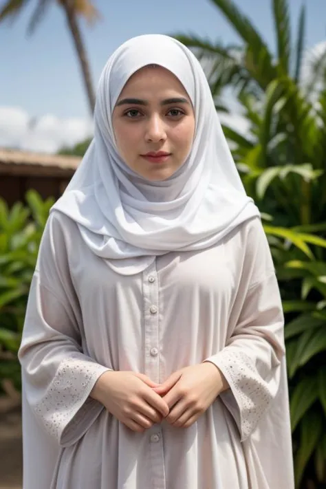 a woman in a white hijab standing in front of a palm tree