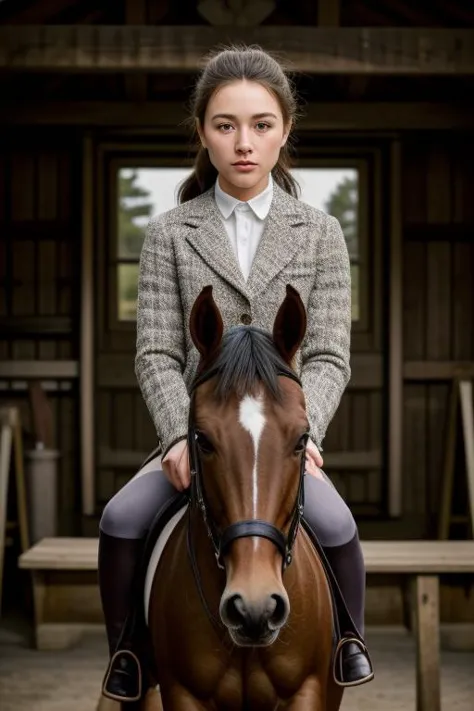 Maddi Abaroa equestrian in a rustic stable (setting: countryside, dawn). She's wearing traditional riding attire (fabric: tweed, fitted) with her hair in a low ponytail, and minimal, natural makeup. She's grooming a horse (breed: thoroughbred), her posture gentle and caring