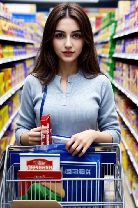 a woman in a grocery store holding a shopping cart