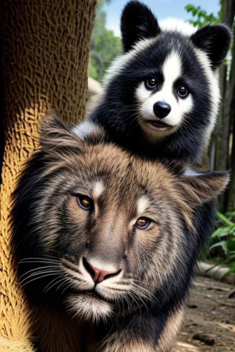 there is a black and white bear and a brown and white lion