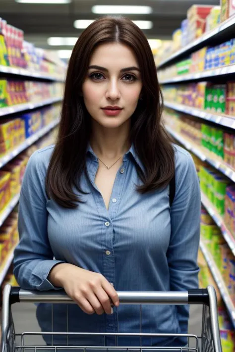 Mirela Dibra in the supermarket, perfecteyes eyes, <lora:lora_perfecteyes_v1_from_v1_160:1>