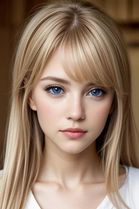 a close up of a woman with long blonde hair and blue eyes