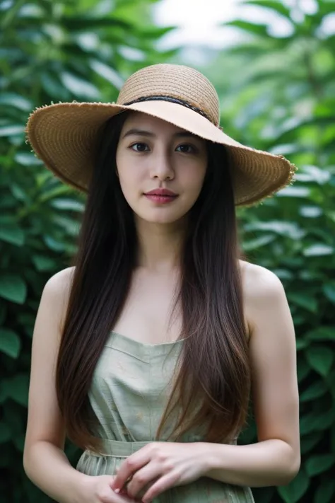 2. "Young female botanist (ethnicity: Middle-Eastern, age: late 20s) in a vibrant greenhouse (setting: lush, biodiverse). She's dressed in practical field attire (fabric: lightweight, earth-toned) with a wide-brimmed sun hat, her hair in a functional braid, and natural, minimal makeup. She's examining exotic plants (action: meticulous, curious), her expression one of fascination and dedication, amidst an array of rare and colorful flora." <lora:Instaface-9:1>