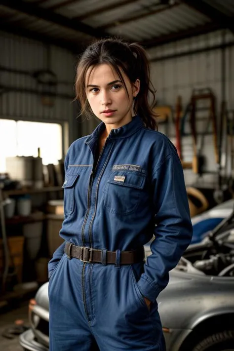 a woman in a blue jumpsuit standing in front of a car