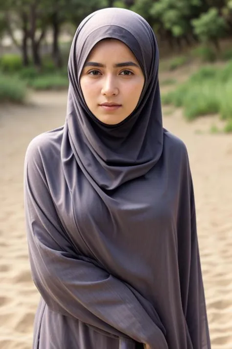 a woman in a gray hijab standing on a beach